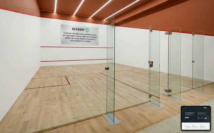 Court de squash avec une plaque screen97 au mur